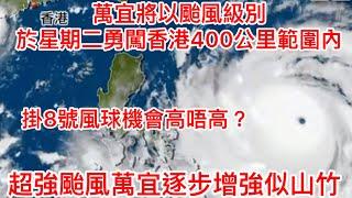 超強颱風萬宜逐步增強似山竹｜萬宜將以颱風級別｜於星期二勇闖香港400公里範圍內｜掛8號風球機會高唔高？