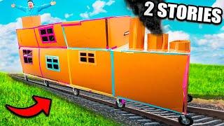 Working 2 Story BOX FORT TRAIN! Escaping Bandits in Our Cardboard Train (24 Hour Challenge)