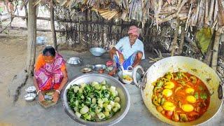 capcicum egg curry and mulo vaji cooking & eating by our santali old couple