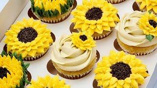 8 ways of piping a buttercream sunflower cupcake #sunflowers#fyp#tutorial#cakes#cupcakes