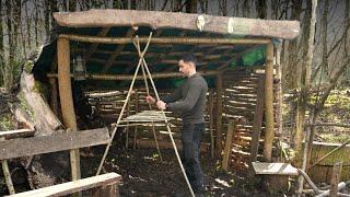 Bushcraft Camp: Shelter, Walls, Bench, Meat Smoker: Cast Iron Cooking