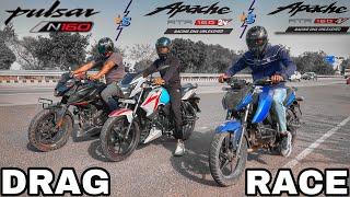 TVS APACHE 160 4v VS TVS APACE 160 2V VS BAJAJ PULSAR N160 || DRAG RACE || @DRAGGER_JATIN