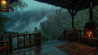 Forest Rainy Porch Ambience with Crackling Fireplace - Extreme Rain and Thunder Sound to Sleep, Rest