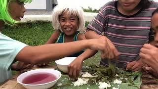 Foreigner husband adopted daughter eating raw leaves with Vinegar