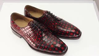 Genuine Alligator Leather Men’s Derby Perforated Lace-Up Dress Shoes Red Patina