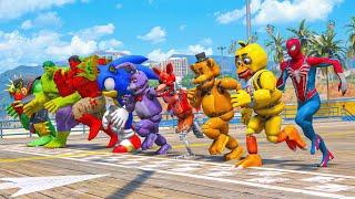 TEAM HULK VS SONIC, FNAF, RED HULK IN SPIDER MAN SUPERHEROES Running Event on WATER #1080