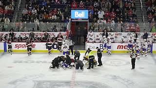 Laval Rocket's Xavier Simoneau gets injured, refs don't blow whistle until he collapses on the ice