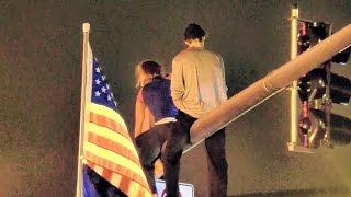 2 Cubs Fans on top of Stop Light outside Wrigley Field Game 7 World Series Champions Wrigleyville