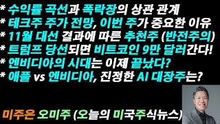 [오늘의 미국주식뉴스] 엔비디아 시대는 끝났다? / 미국 대선 결과에 따른 추천주 - 반전주의 / 트럼프 당선시 비트코인 9만 달러 / 애플 vs 엔비디아, 진정한 AI 대장주는?