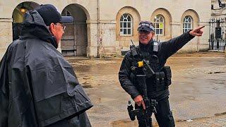 TOURIST ARGUES WITH POLICE ABOUT THE WHITE LINE DURING THE GUARD CHANGE at horse Guards!