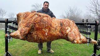 Roasting a Huge Bull on a Steel Spit! The Best Meat I've Tasted