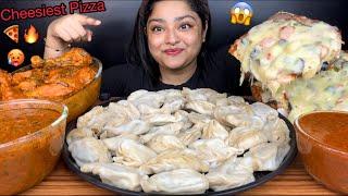 50 CHICKEN MOMOS  CHEESIEST CHICKEN PIZZA  AND SPICY CHICKEN MUSHROOM GRAVY SPICY GRAVY | MUKBANG