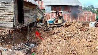 Processing100% Project Fill Land Around Old House by Power Dozer Pushing With 5-T Dump Truck Unload