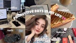 First Day At Office| productive Morning Routine,Outfit, Breakfast, Office Look 