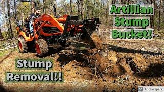 Kubota BX- Digging up stumps with the FEL! (Artillian Stump Bucket)