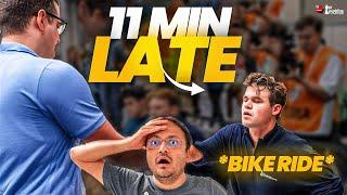 PURE DRAMA | Magnus Carlsen arrives 11 minutes late on a Bike against 2550 rated GM