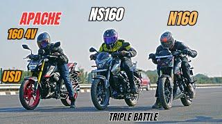 2025 Tvs Apache 160 4v USD vs Bajaj NS160 Vs Bajaja Pulsar N160 Drag Race