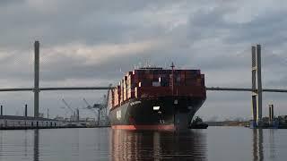 Hapag-Lloyd container ship New York Express departing Savannah, GA at sunset (4k video)