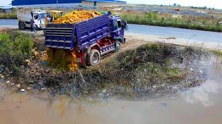 Start New Project Landfill Flooded Delete Pond !! Bulldozer Komat'Su Push Stone , Truck 5Ton Spread