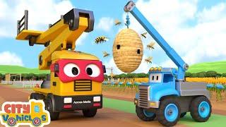 Super Tow truck rescue trapped cars- -crane truck dumptruck  and excavator for kids.