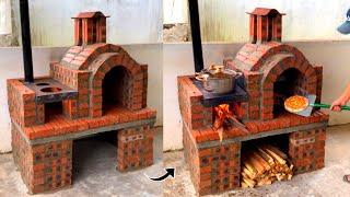 Wood stove with unique and beautiful oven - creative ideas from cement and red brick