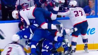 Cole Sillinger Connor Geekie Brandon Hagel Fight | Tampa Bay Lightning v Columbus Blue Jackets