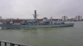 Hms Arygll type23 frigate leaving Portsmouth harbour in rough seas