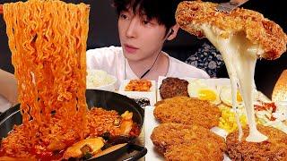 MUKBANG ASMR | Cheese pork cutlet & mushroom fire noodles &  kimchi & laver ! KOREAN FOOD EATING 