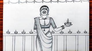 How to draw traditional girl with diya | Diwali drawing easy | Saree drawing | Pencil sketch