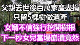 父親去世後百萬家產盡捐，只留5棵樹做遺產，女婿不信強行挖開樹根，下一秒女兒當場崩潰，竟然...#淺談人生#民間故事#為人處世#生活經驗#情感故事#養老#花開富貴#深夜淺讀#幸福人生#中年#老年