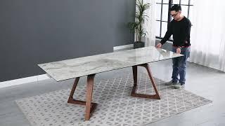 EMILIA Extendable Marbleized Ceramic Dining Table w/ Trapezoidal Wooden Legs