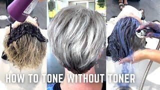 White blonde highlights on short hair tutorial - toning with purple shampoo transformation