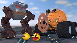 Pacman & Ms. Pacman vs Saw Truck Robot and Combat Robot Monsters