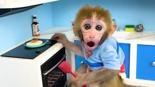 Baby monkey Bon Bon goes to the supermarket to buy kitchen utensils and eats eggs with puppy