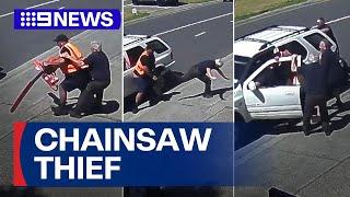 Worker wrestles with offender during chainsaw theft | 9 News Australia