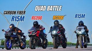 2024 Yamaha R15M Carbon Fiber Vs Ktm RC200(2024) vs Bajaj Pulsar RS200 vs OLD R15m Quad Battle