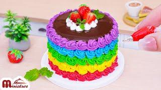 So Fresh Miniature Rainbow Fantasy Cake With Strawberry Decorating | ASMR Cooking Mini Food