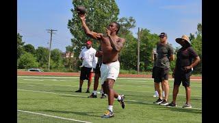 Michigan QB Bryce Underwood throws at QBU practice