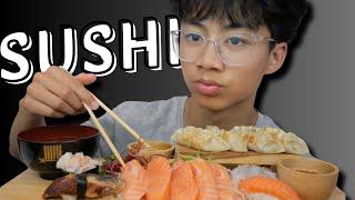 SUSHI *Assorted Nigiri, Salmon Sashimi with Pork Gyoza and Miso Soup | N.E Let's Eat