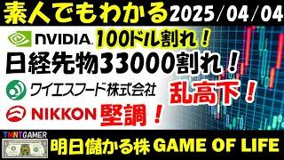 【明日のテンバガー株・高配当株】世界株暴落の前兆とは！エヌビディア100ドル割れ！日経34000割れ！先物33000割れ！ニッコンホールディングス！堅調！ワイエスフード！乱高下！【20250404】