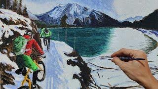 How To Paint Mountain Bikers and Mountain Lanscape Time Lapse | Acrylic Realistic Painting |EPS49