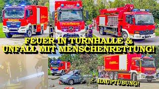 [TURNHALLE IN FLAMMEN & BAUM KRACHT AUF AUTO] - EINSATZFAHRTEN | GROSSÜBUNG FEUERWEHR & DRK & DLRG -