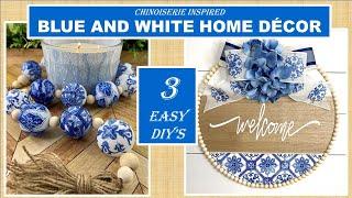 BEAUTIFUL BLUE AND WHITE HOME DECOR | 3 EASY DIY's | CHINOISERIE WOOD WREATH | BEAD GARLAND 2021