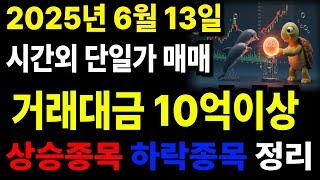 주식 시간외거래 ,시간외단일가매매, 2025년6월13일 주식브리핑 ,시간외단일가 매매 거래대금 10억이상 ,6월 13일 시간외상승종목 하락종목,시간외상한가#주식 #주린이공부 #투자