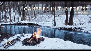 4 hours - Winter Campfire by the River | Snowy Forest Ambience | Gentle Stream | Campfire Sounds 4K