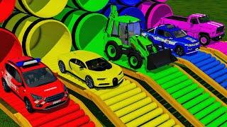 TRANSPORTING FIVE COLOR NEW HOLLAND TRACTOR, RIGITRAC, POLICE DODGE, HUMMER, MERCEDES! - FARMING 22