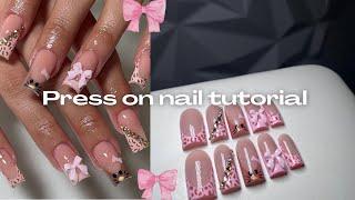 HELLO KITTY NAILS  art tutorial  acrylic press on tutorial step by step, bow nails, cheetah nails