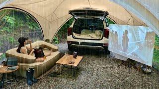 All day Rain️cozy luxury camping in a super-large shelter in heavy rain.camping-Vlog