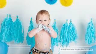 One-year-old cake smash photo shoot at Moments in Time Photography Studio Halifax. MITphotography.ca