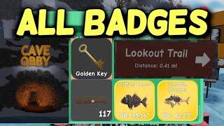 How to Get ALL BADGES in ICE FISHING SIMULATOR Roblox [ Golden Key Cave Obby FishDex ]